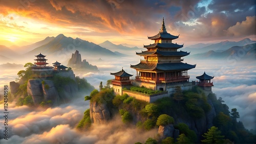 temple perched atop a misty mountain at dawn anime style painting