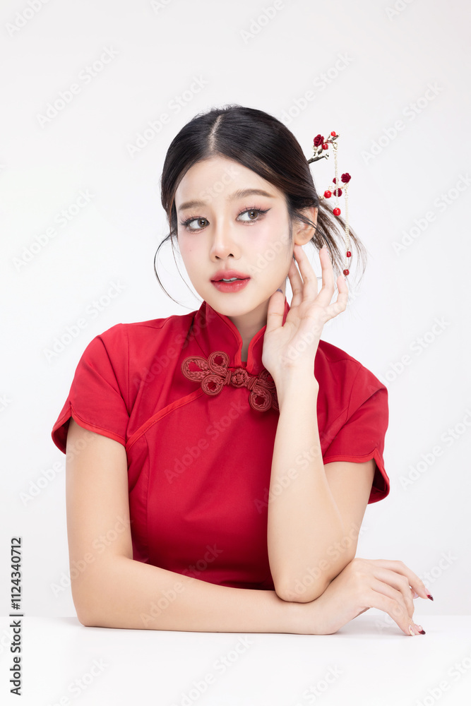 Portrait beauty Asian woman in red Cheongsam Chinese traditional dress isolated on white background. Portrait beauty Asian woman in red Cheongsam Chinese traditional dress isolated on white background.