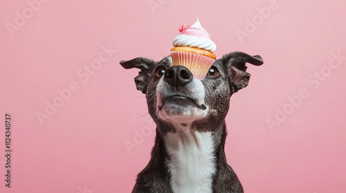 A black and white dog has a cupcake balanced on its nose.