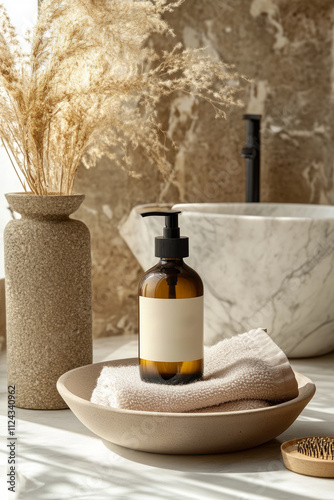 A skincare bottle featuring bakuchiol rests on a plate alongside a soft towel in a stylish bathroom, surrounded by earthy decor and soothing natural elements