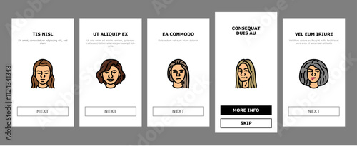 facial expression female smile onboarding mobile vector pout smirk, glare wink, blush scowl, grin sneer, beam, grimace pout, sulk, glower facial expression female smile illustrations