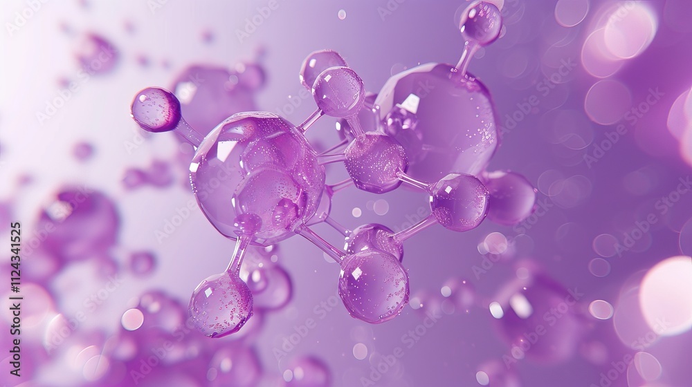 Purple transparent molecule model with intricate atomic bonds floating against a gradient purple background, scientific illustration for chemistry and molecular biology concepts