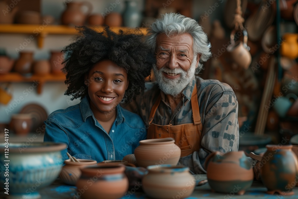 Smiling potters in a workshop creating beautiful ceramic art together. Smiling potters in a workshop creating beautiful ceramic art together.