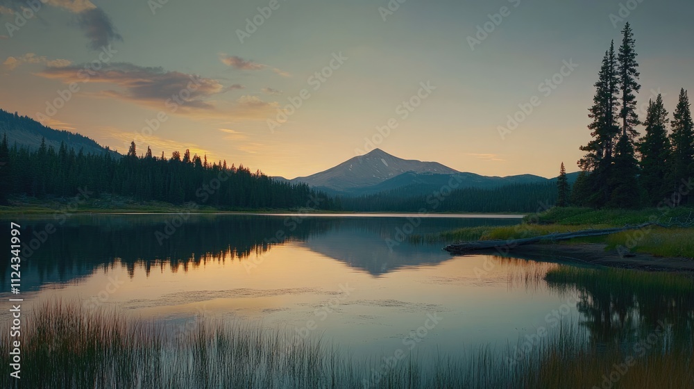 Serene Sunset over Mountain Lake in Cascade Range: Majestic Reflection of Nature's Beauty