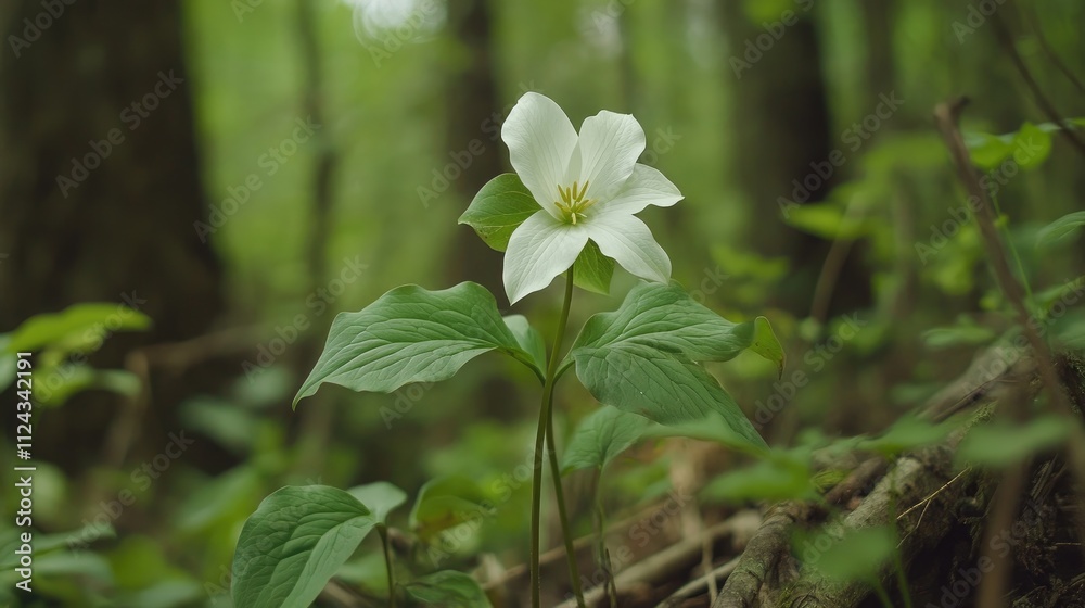 Serene Forest Bloom: A Single White Trillium in Lush Green Woodland Serene Forest Bloom: A Single White Trillium in Lush Green Woodland