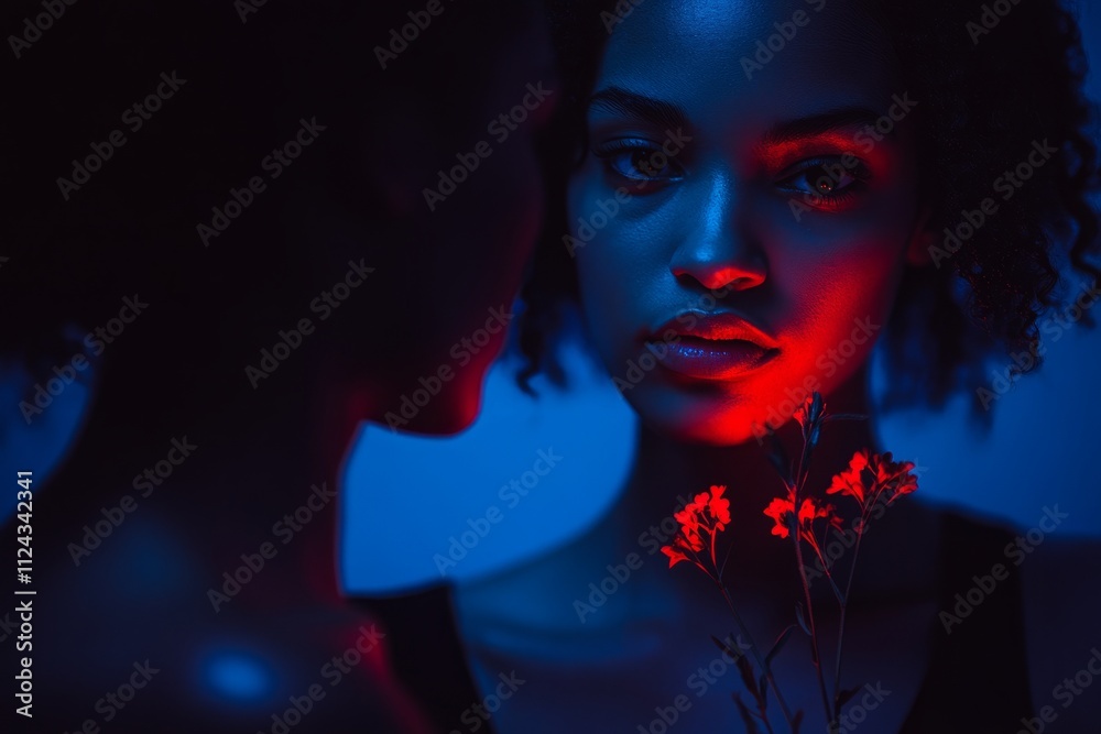 Artistic portrait of a woman holding flowers under blue and red light. Artistic portrait of a woman holding flowers under blue and red light.
