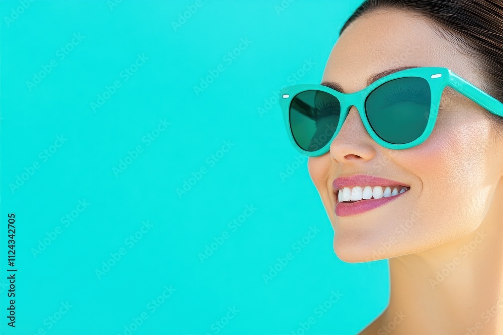 Woman with teal sunglasses in bright turquoise pool. Woman with teal sunglasses in bright turquoise pool.