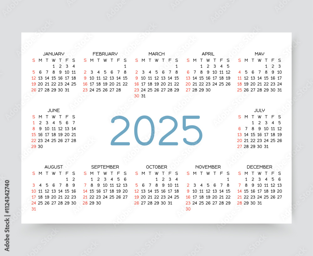 2025 calendar. Calender template. Week starts Sunday. Desk, pocket planner layout with 12 months. Horizontal format. Yearly organizer grid. Monthly diary in simple design, English. Vector illustration 2025 calendar. Calender template. Week starts Sunday. Desk, pocket planner layout with 12 months. Horizontal format. Yearly organizer grid. Monthly diary in simple design, English. Vector illustration