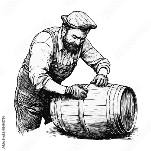 Cooper crafting a barrel sketch engraving vector illustration. Imitation of a scratch board. Black and white image. Vector