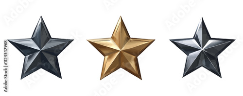series of beveled stars in metallic shades for a luxurious appearance, vector elegant 3D elements, flat style.