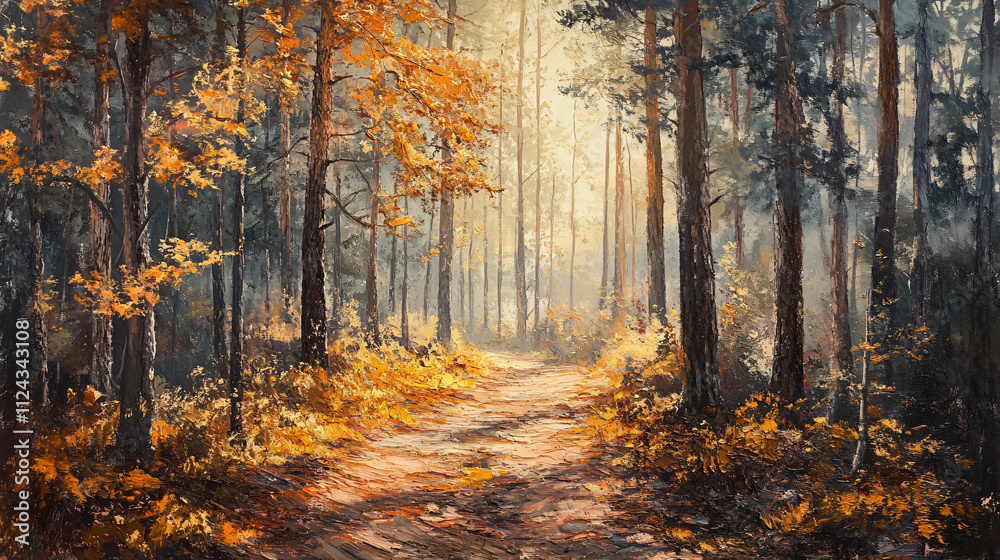 Obraz premium A beautiful autumn scene with a trail covered in orange and yellow leaves leading through a forest of tall trees with soft light shining down.
