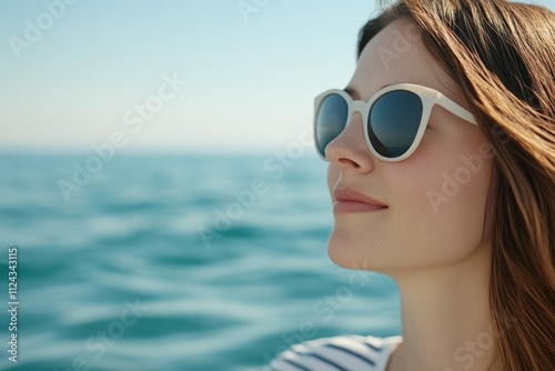 Woman with sunglasses looks out over the sea photo