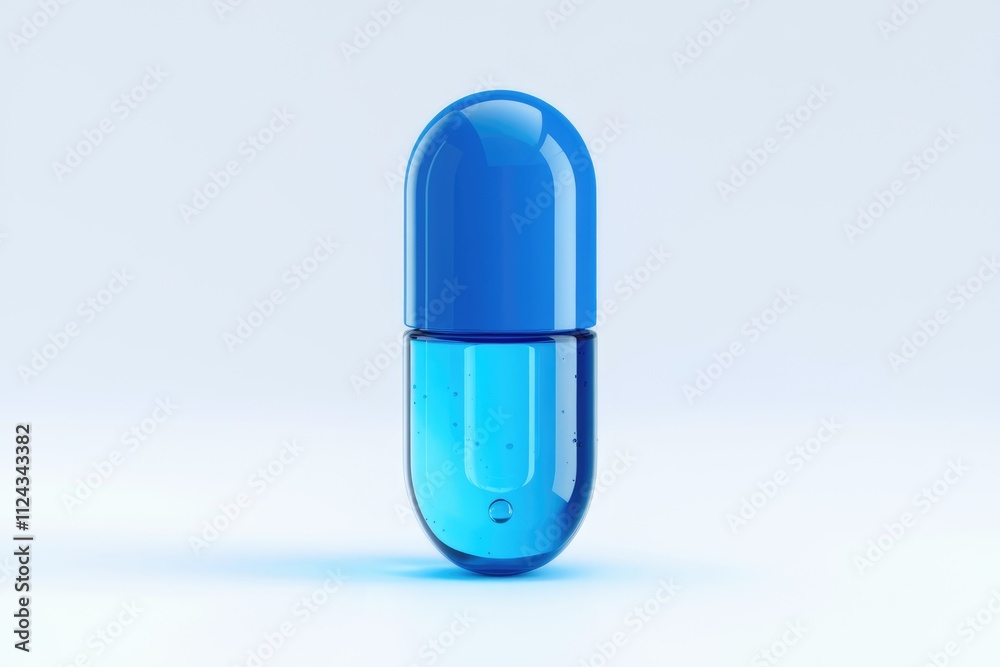 A transparent blue capsule filled with a light blue liquid, isolated on a white background. A transparent blue capsule filled with a light blue liquid, isolated on a white background.
