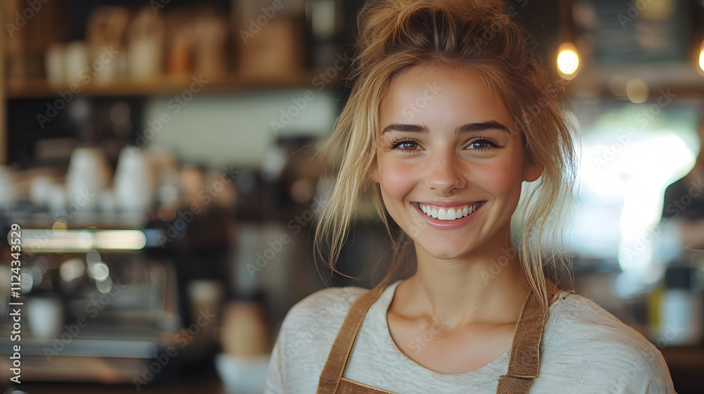 Young barista with a cheerful smile, standing in a warmly lit coffee shop with rustic decor, ready to serve customers and create a welcoming atmosphere Young barista with a cheerful smile, standing in a warmly lit coffee shop with rustic decor, ready to serve customers and create a welcoming atmosphere