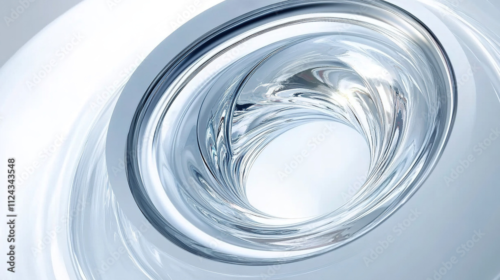 Close-up of inner glass tube with clear spiral shape presented in front of blurred white background, creating a modern abstract aesthetic effect with metallic texture, smooth curves, reflections. Close-up of inner glass tube with clear spiral shape presented in front of blurred white background, creating a modern abstract aesthetic effect with metallic texture, smooth curves, reflections.