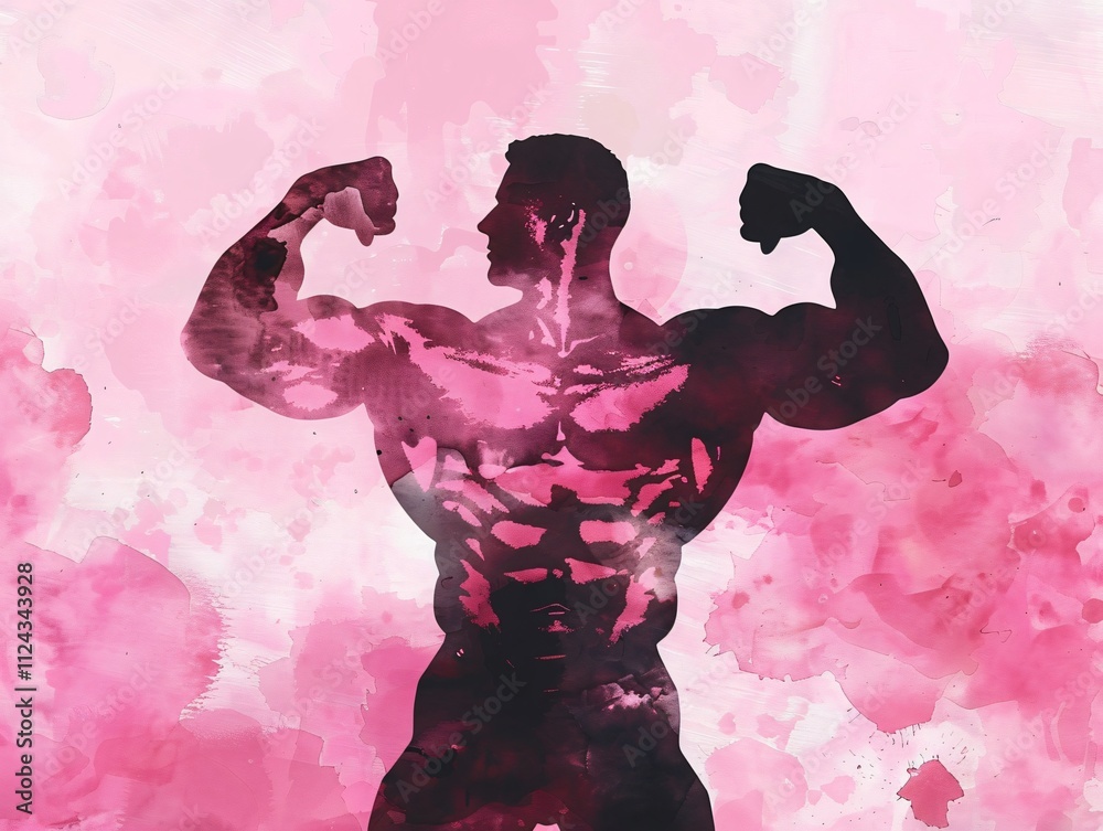 Fototapeta premium Pink and black bodybuilder watercolor silhouette 