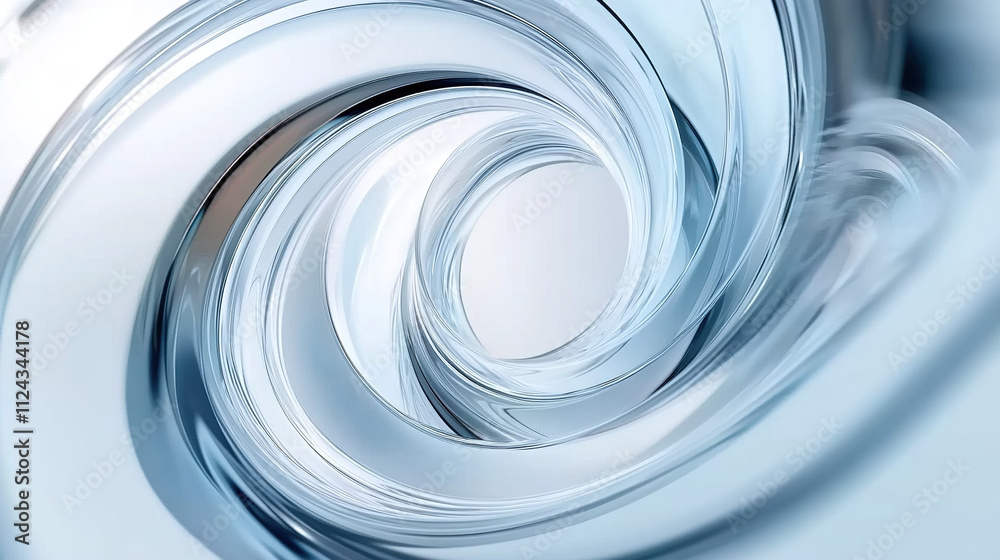 Close-up of inner glass tube with clear spiral shape presented in front of blurred white background, creating a modern abstract aesthetic effect with metallic texture, smooth curves, reflections. Close-up of inner glass tube with clear spiral shape presented in front of blurred white background, creating a modern abstract aesthetic effect with metallic texture, smooth curves, reflections.