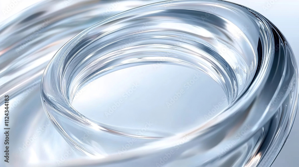Close-up of inner glass tube with clear spiral shape presented in front of blurred white background, creating a modern abstract aesthetic effect with metallic texture, smooth curves, reflections. Close-up of inner glass tube with clear spiral shape presented in front of blurred white background, creating a modern abstract aesthetic effect with metallic texture, smooth curves, reflections.
