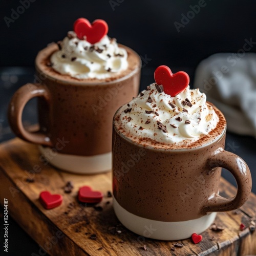 Mocha Mousse. Cozy hot chocolate with whipped cream and heart decorations. Concept: Love, Comfort, Winter Treat. 