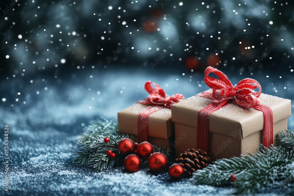 Brown gift boxes with red ribbons on top of a snowy ground. Concept of christmas warmth and joy Brown gift boxes with red ribbons on top of a snowy ground. Concept of christmas warmth and joy