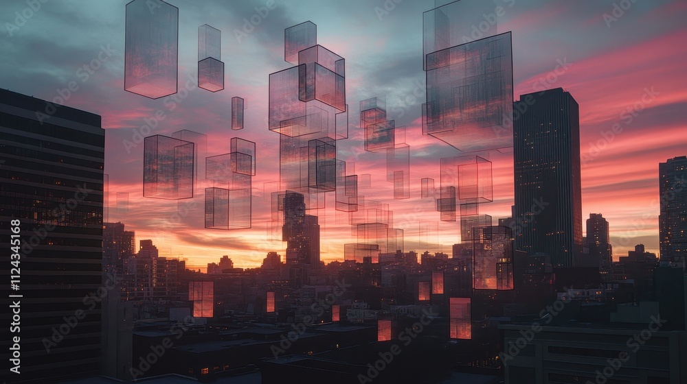 Fototapeta premium Surreal City Skyline with Geometric Glass Towers at Sunset