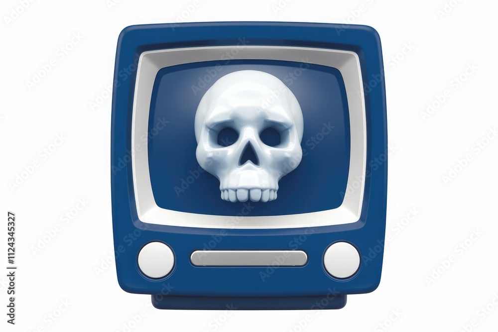 A skull displayed on an old-fashioned television screen symbolizes the dangers of excessive screen time and its negative effects.