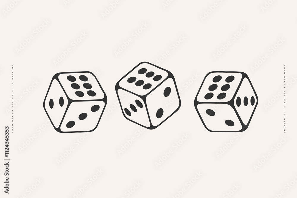 Minimalist black-and-white illustration of three dice. Ideal for themes of gaming, luck, and fun. Minimalist black-and-white illustration of three dice. Ideal for themes of gaming, luck, and fun.