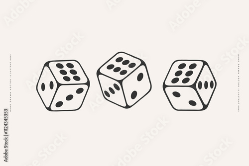 Minimalist black-and-white illustration of three dice. Ideal for themes of gaming, luck, and fun.