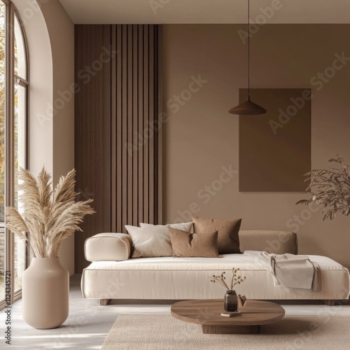 Mocha Mousse. Elegant Living Room with Brown Tones and Modern Furniture Design