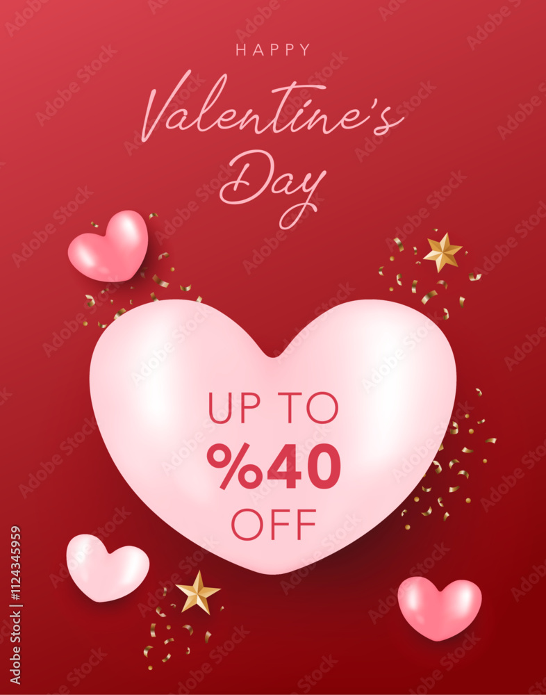 Valentine's Day poster background with realistic pink and white hearts, stars and confetti . 3d vector illustration for greeting card, coupon, voucher, discount, promotion, sale, website, social media Valentine's Day poster background with realistic pink and white hearts, stars and confetti . 3d vector illustration for greeting card, coupon, voucher, discount, promotion, sale, website, social media