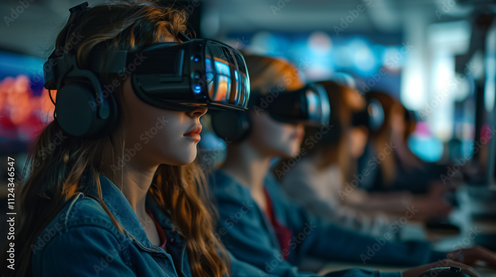 Classroom of Kids Engaging in Virtual Reality Learning with VR Glasses Classroom of Kids Engaging in Virtual Reality Learning with VR Glasses