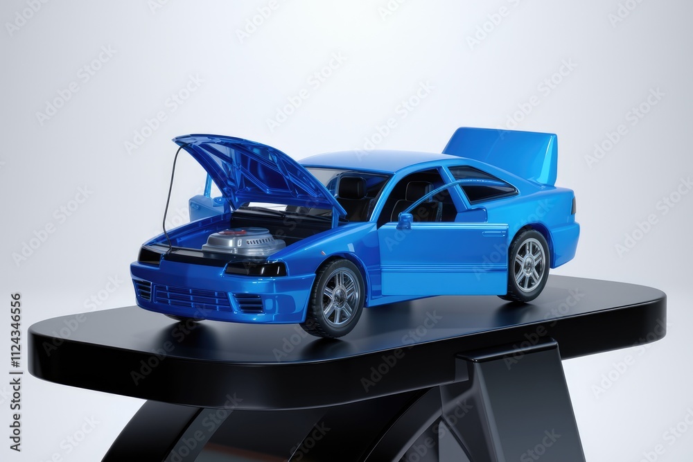 Fototapeta premium A vibrant blue sports car with its hood open, showcasing its engine, sits atop a sleek black platform.