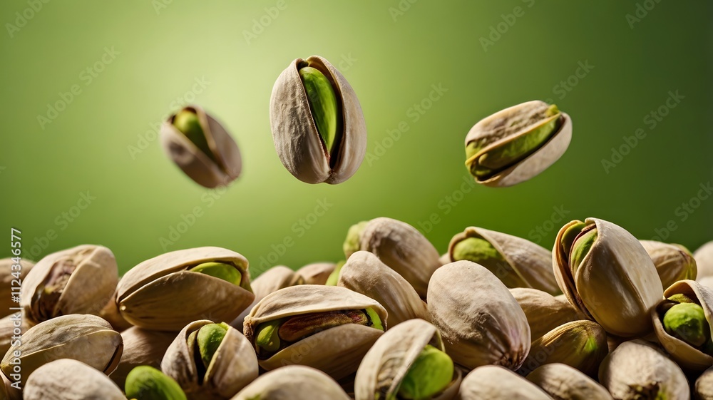 Pistachio nuts seed partially shelled isolated on vibrant green background. Healthy vegan food snacks & natural ingredient Pistachio nuts seed partially shelled isolated on vibrant green background. Healthy vegan food snacks & natural ingredient