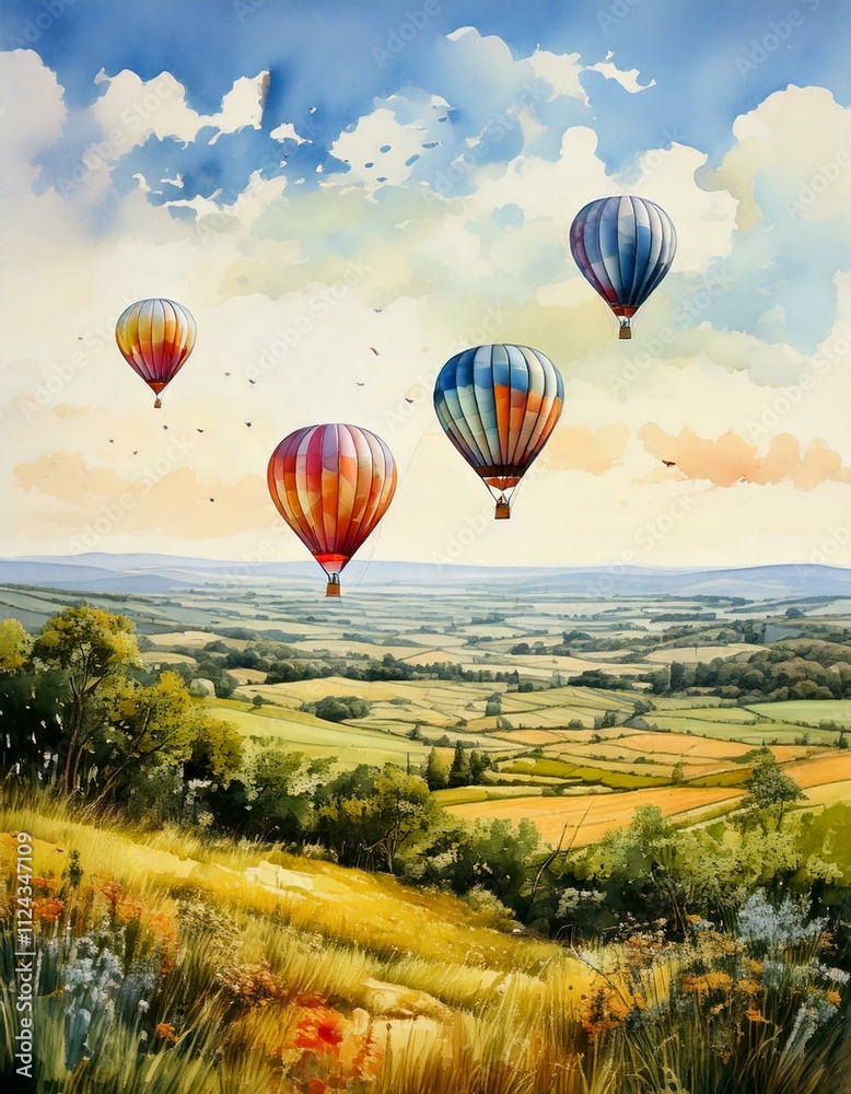 Fototapeta premium Hot air balloons floating over a serene countryside, captured in soft watercolor tones