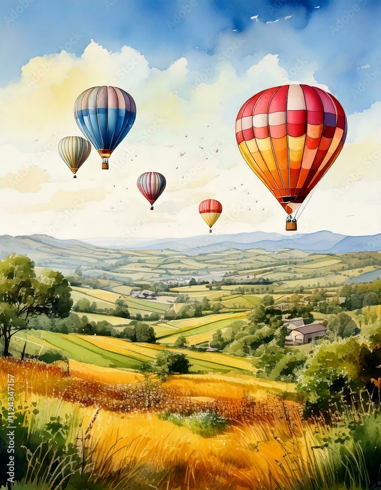 Fototapeta premium Hot air balloons floating over a serene countryside, captured in soft watercolor tones