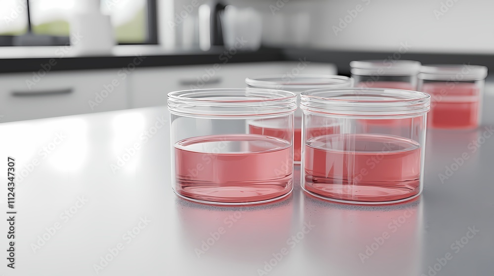 The image shows several glass containers with pink liquid, arranged on a countertop in a modern, bright kitchen setting. The image shows several glass containers with pink liquid, arranged on a countertop in a modern, bright kitchen setting.
