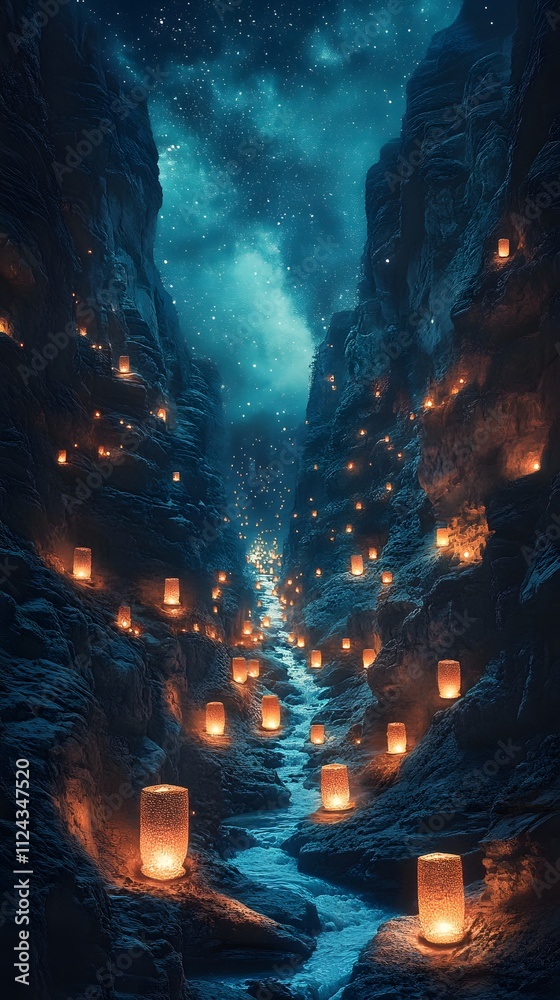 Enchanting night scene of a canyon with glowing candles lining a stream under a starry sky. Enchanting night scene of a canyon with glowing candles lining a stream under a starry sky.