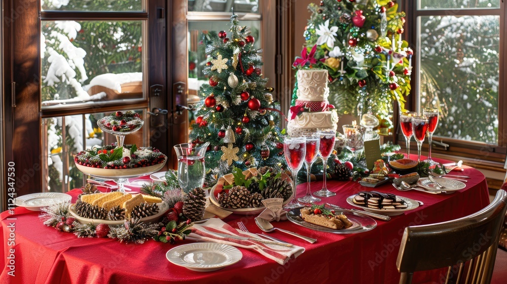 Festive Christmas Dinner Table with Red Cloth, Sparkling Silverware, Pinecone Centerpiece, Holiday Treats, and Snowy Outdoor View. Festive Christmas Dinner Table with Red Cloth, Sparkling Silverware, Pinecone Centerpiece, Holiday Treats, and Snowy Outdoor View.