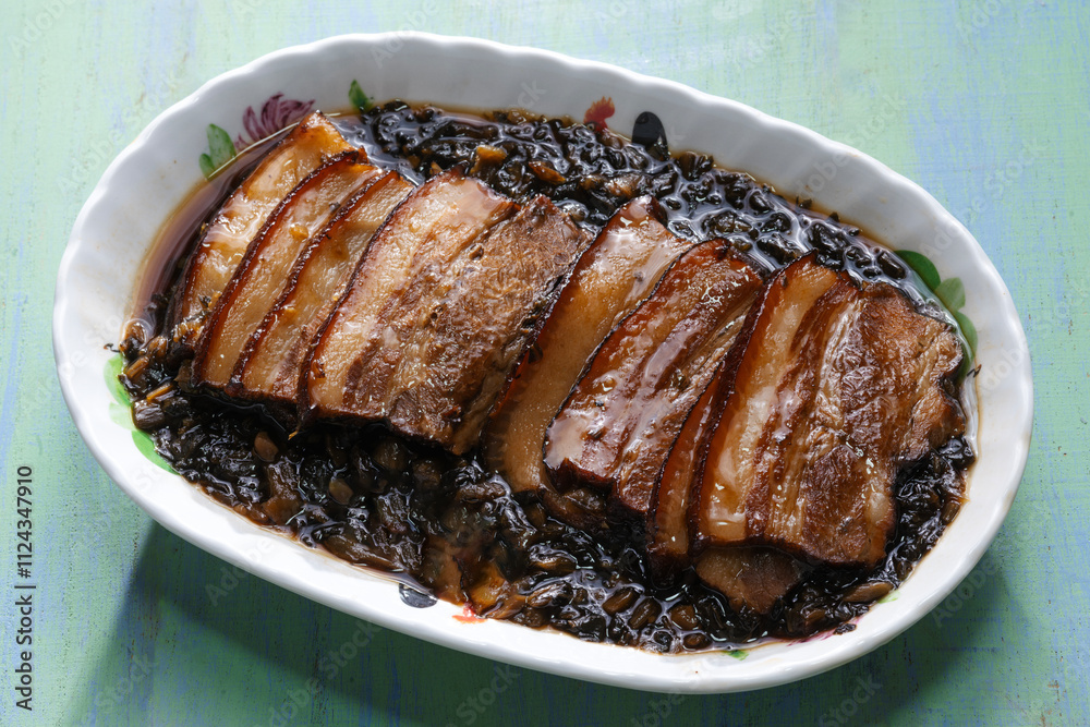 traditional chinese braised pork belly with preserved vegetables