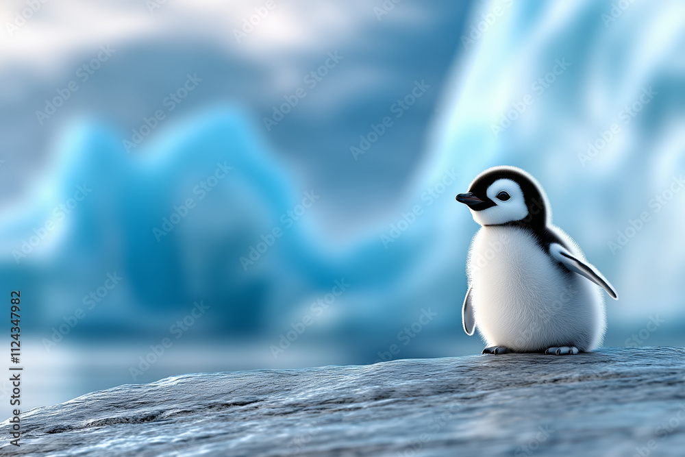 Fototapeta premium A tiny baby penguin chick with fluffy down feathers, standing alone on glacial ice