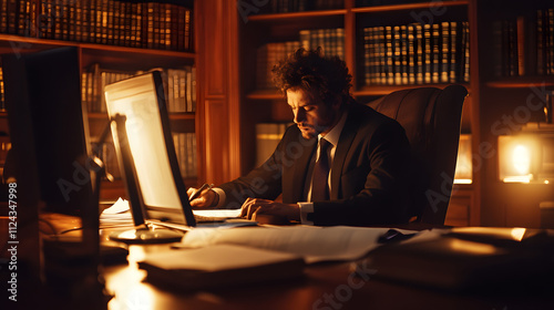 A Dedicated Young Lawyer Working Late at Night in a Modern Office Surrounded by Legal Preparations