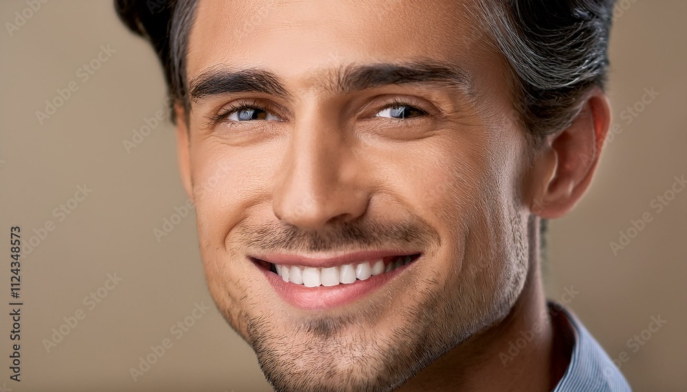 Obraz premium Gentle Gratitude A close-up of a man with a soft smile and slightly moist eyes, his head tilted forward slightly as if expressing thanks. A warm beige background enhances the sincerity of his expressi