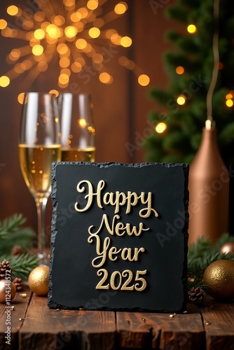 Happy New Year 2025 - Greeting Card - Black slate board with golden English text. Christmas decoration on rustic wood with Champagne glasses and golden lights from fireworks in background