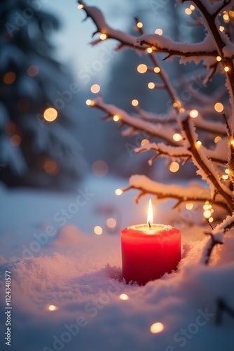 Christmas Background - Red Candle in winter snow landscape background - Blank greeting card with magic golden bokeh lights with copy space for your Xmas Advent greeting card or advertisement,