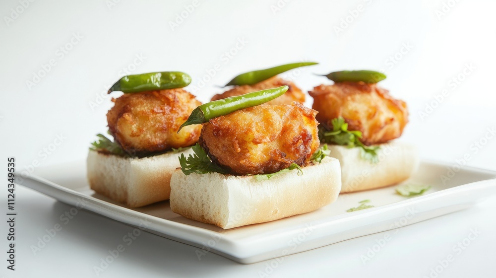 Deliciously Crispy Potato Balls on Soft Bread with Green Chili Garnish, Perfect for Appetizers or Snack, Ideal for Parties or Gatherings Deliciously Crispy Potato Balls on Soft Bread with Green Chili Garnish, Perfect for Appetizers or Snack, Ideal for Parties or Gatherings