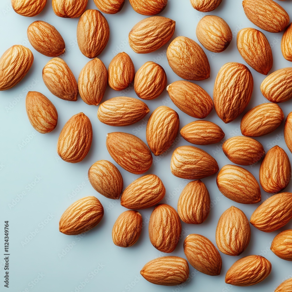 Top View of Raw Almonds Spread on a Light Blue Background