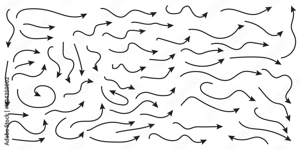 Hand drawn thin line arrows set. Many vector curvy and wavy arrows isolated on white background. Thin arrows set for business plan, presentation and education. Sign, Symbol, Hand drawn arrow vector Hand drawn thin line arrows set. Many vector curvy and wavy arrows isolated on white background. Thin arrows set for business plan, presentation and education. Sign, Symbol, Hand drawn arrow vector