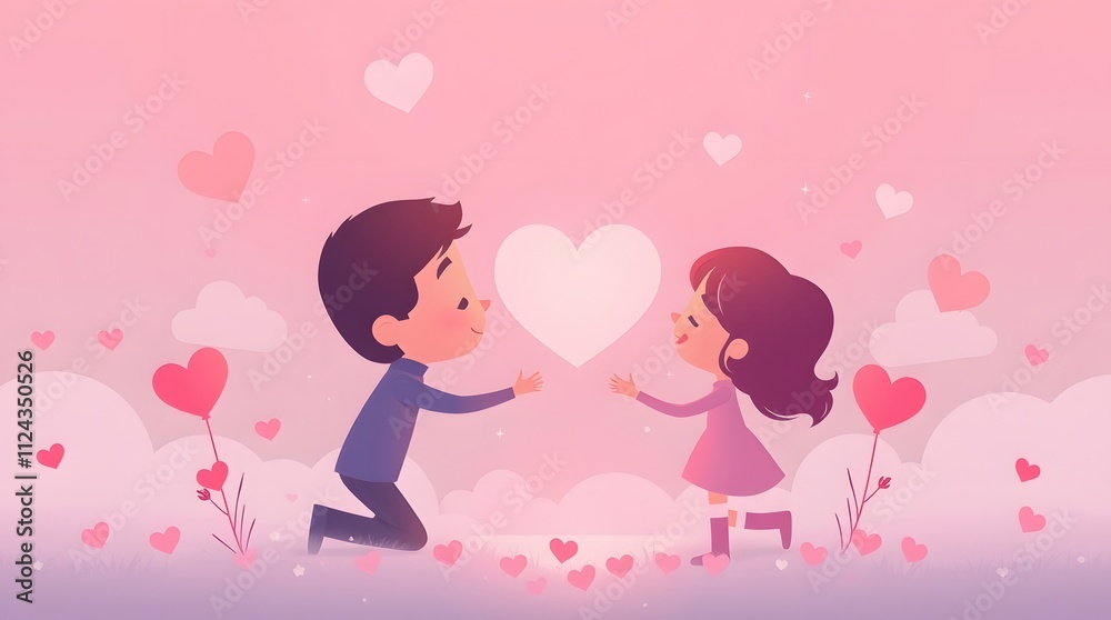 Cute cartoon illustration of boy & girl sharing love heart in pink field, happy valentines day romance loving connection bonding crush special valentine wallpaper Cute cartoon illustration of boy & girl sharing love heart in pink field, happy valentines day romance loving connection bonding crush special valentine wallpaper