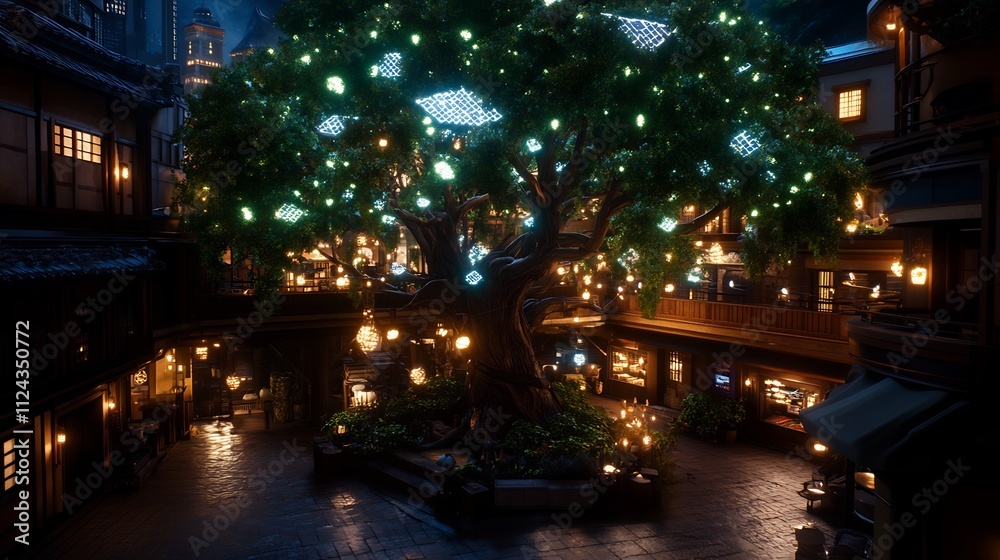 Enchanted Night Market: A Luminescent Tree in a Mystical Courtyard