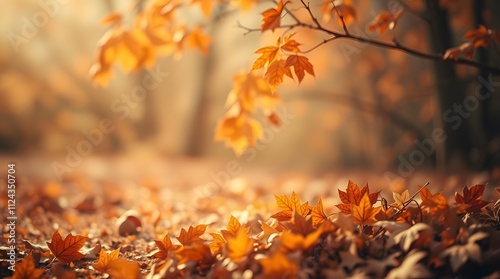 Serene beauty of fallen golden autumn leaves on orange forest, warm autumn sunlight. peaceful dry leaf forest tree landscape 